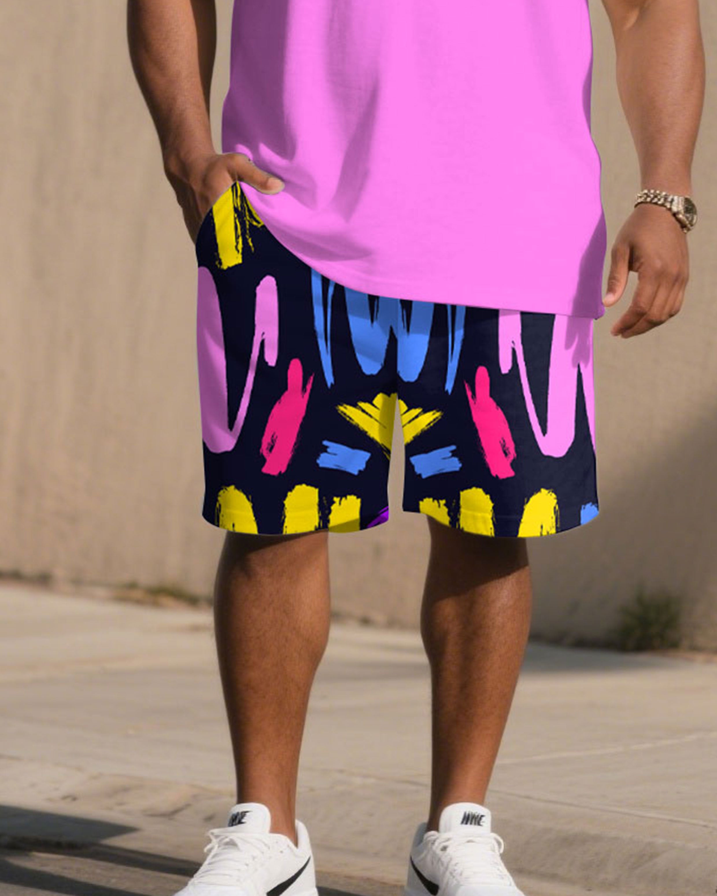 Big & Tall Men' Pink Graffiti Simple Jacket "KING" Slogan Printed Short Sleeve T-Shirt Shorts Set