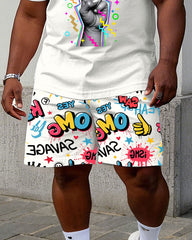 Big & Tall Men's Street Fashion Hand Graffiti Print Short Sleeve T-Shirt Shorts Set