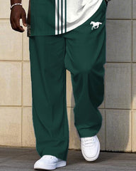 Big & Tall Men's White & Green Contrast Stripe Stitching Chest Pony Label Printed Short Sleeve T-shirt Pants Set