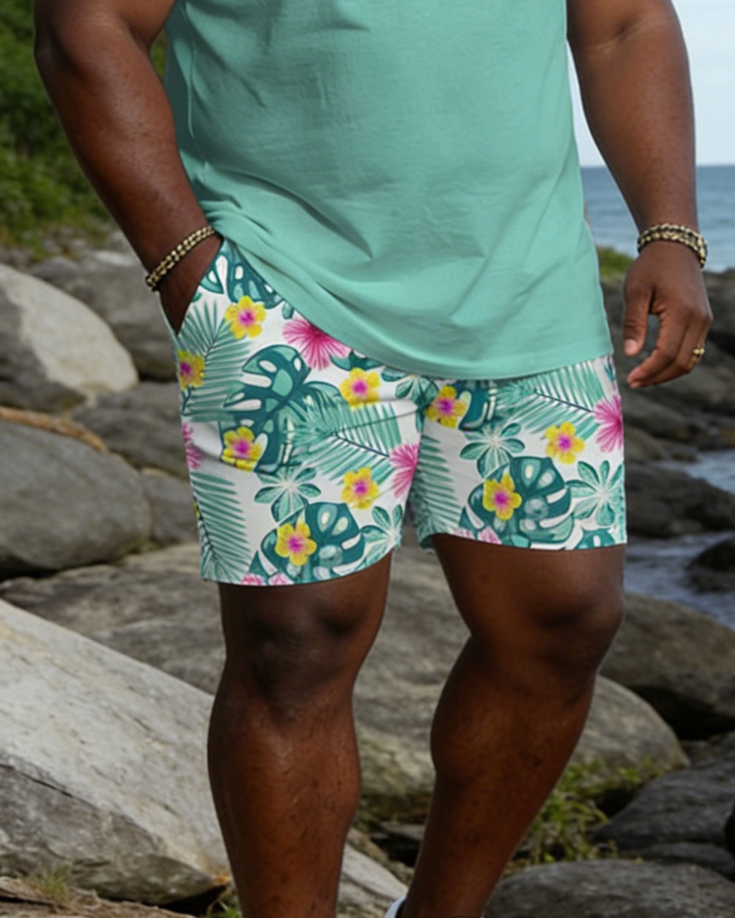 Big & Tall Spring And Summer New Valentine's Day Dating Party Party Holiday Floral Stitching Top Green Crewneck Short Sleeve T-Shirt Shorts Set Couple Dress