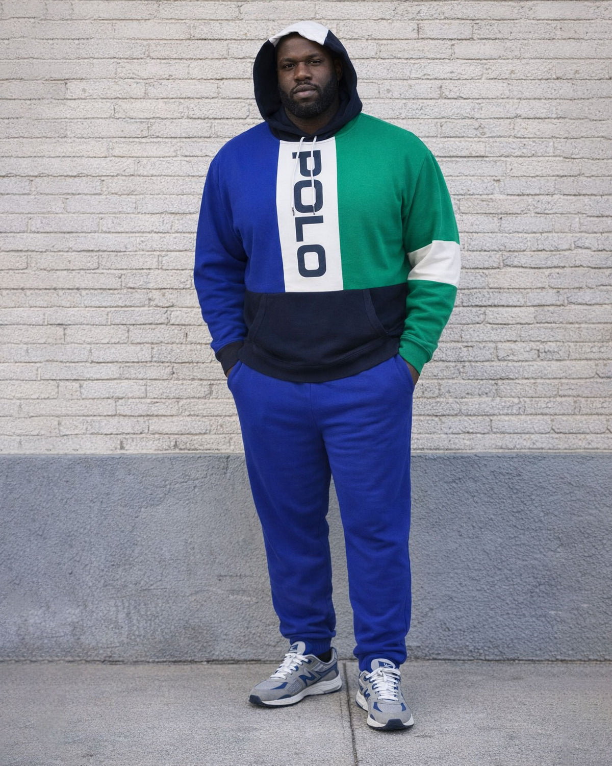 Large Size Men's Autumn And Winter Warm Contrast Stitching Blue Printed Hoodie Sweatpants Set