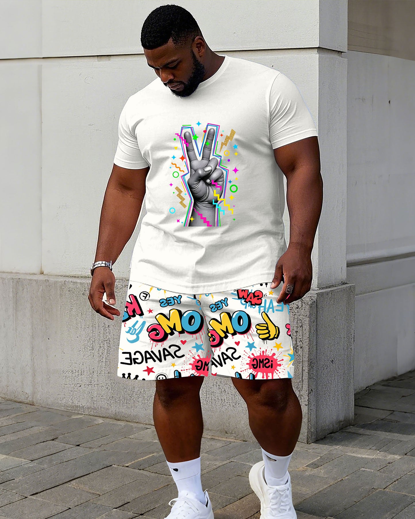 Big & Tall Men's Street Fashion Hand Graffiti Print Short Sleeve T-Shirt Shorts Set