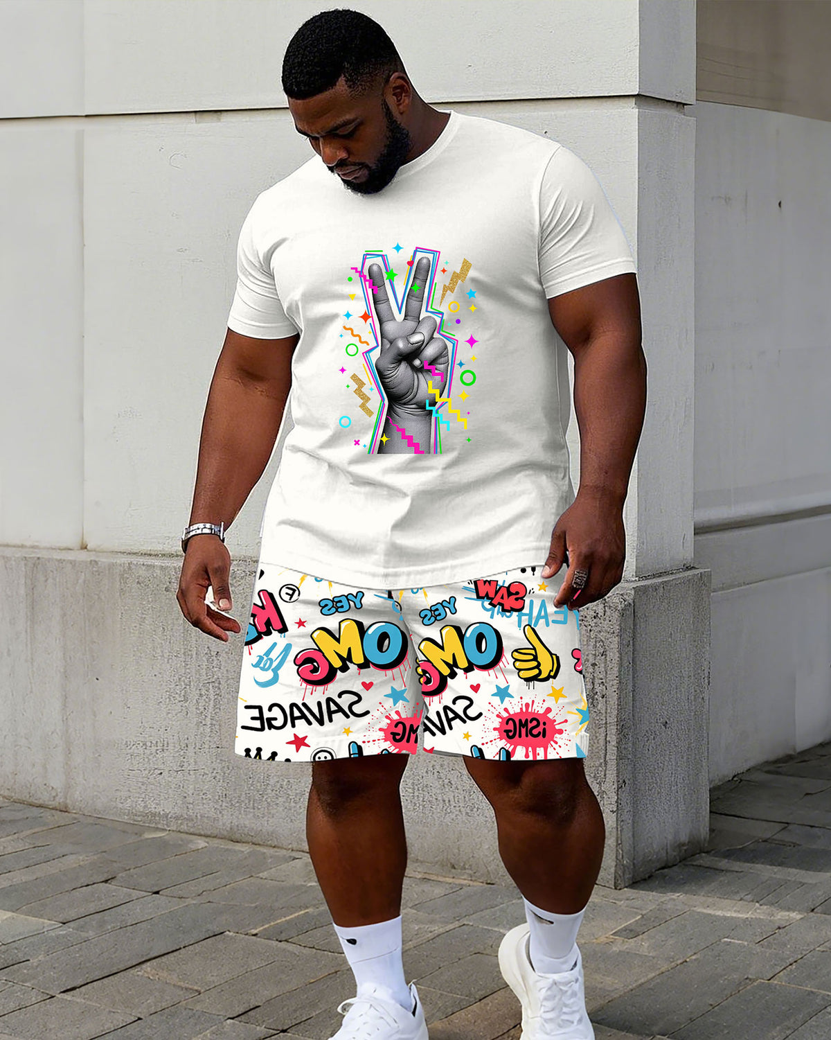 Big & Tall Men's Street Fashion Hand Graffiti Print Short Sleeve T-Shirt Shorts Set