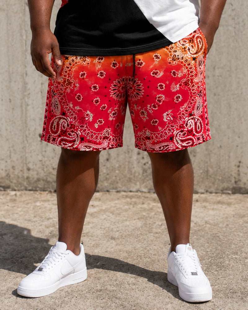 Big & Tall Men’s Orange-Red Ombre Paisley Patchwork Print Crew-Neck Short-Sleeve T-Shirt And Shorts Set