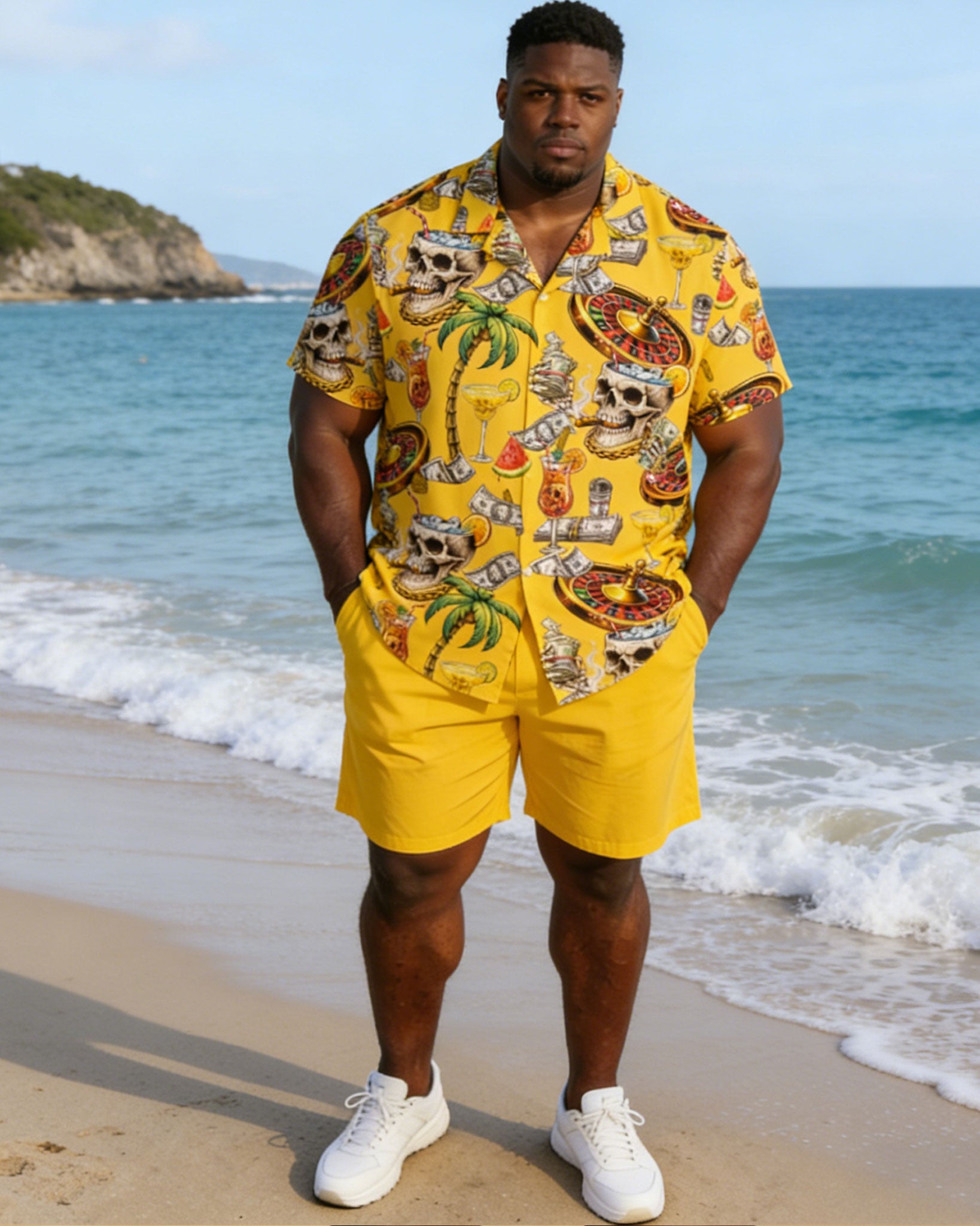 Plus Size Men's Yellow Carnival Party Vacation Skull Hawaiian Print Short Sleeve Shirt Shorts Set