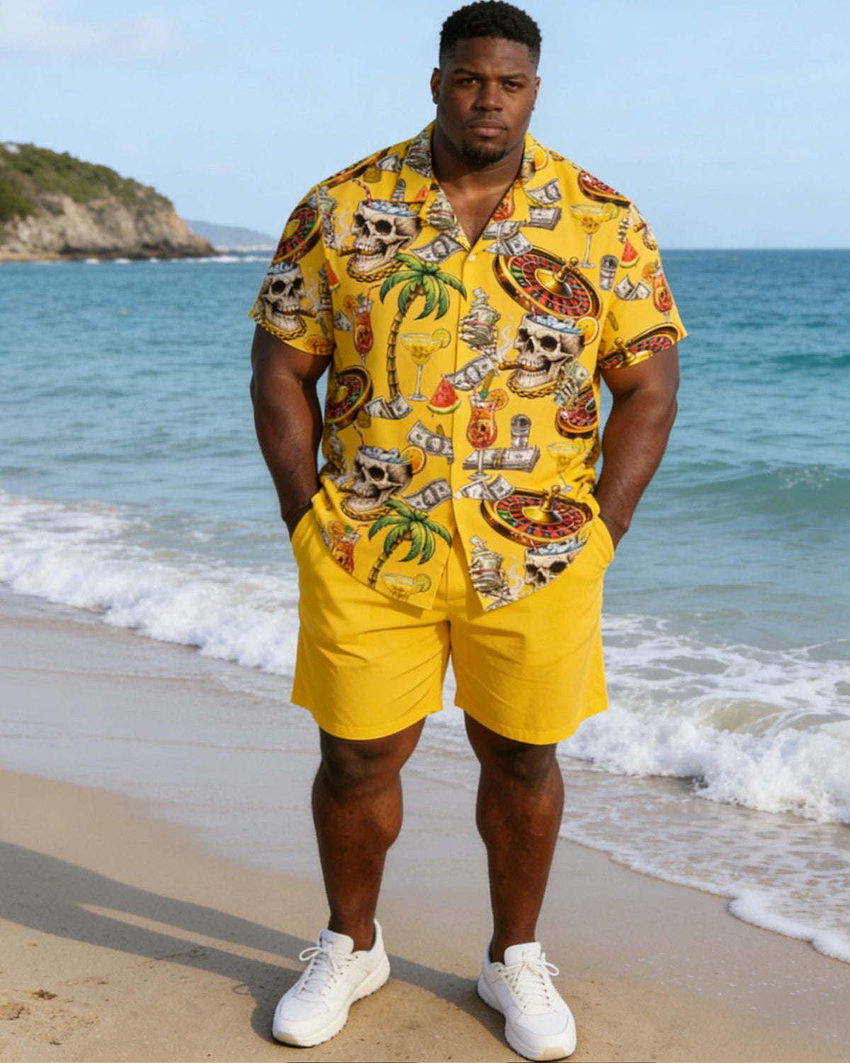 Plus Size Men's Yellow Carnival Party Vacation Skull Hawaiian Print Short Sleeve Shirt Shorts Set