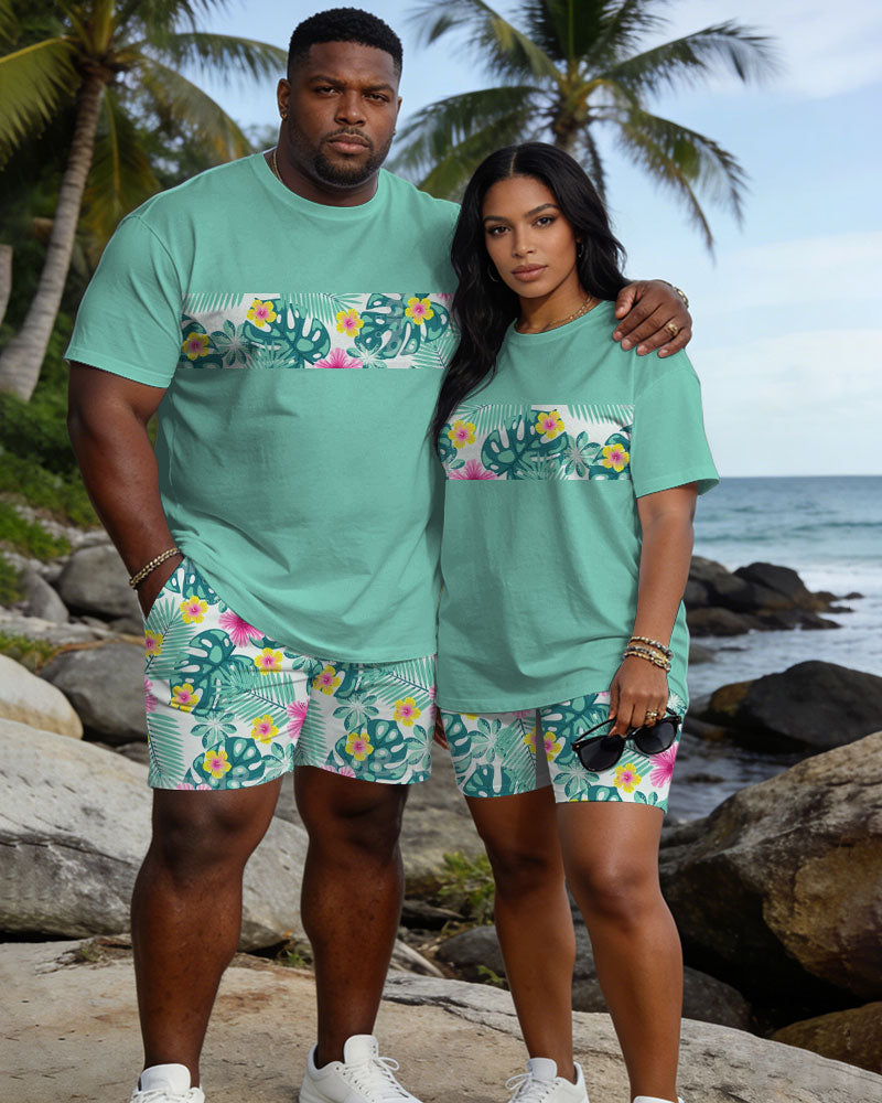 Big & Tall Spring And Summer New Valentine's Day Dating Party Party Holiday Floral Stitching Top Green Crewneck Short Sleeve T-Shirt Shorts Set Couple Dress