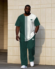 Big & Tall Men's White & Green Contrast Stripe Stitching Chest Pony Label Printed Short Sleeve T-shirt Pants Set