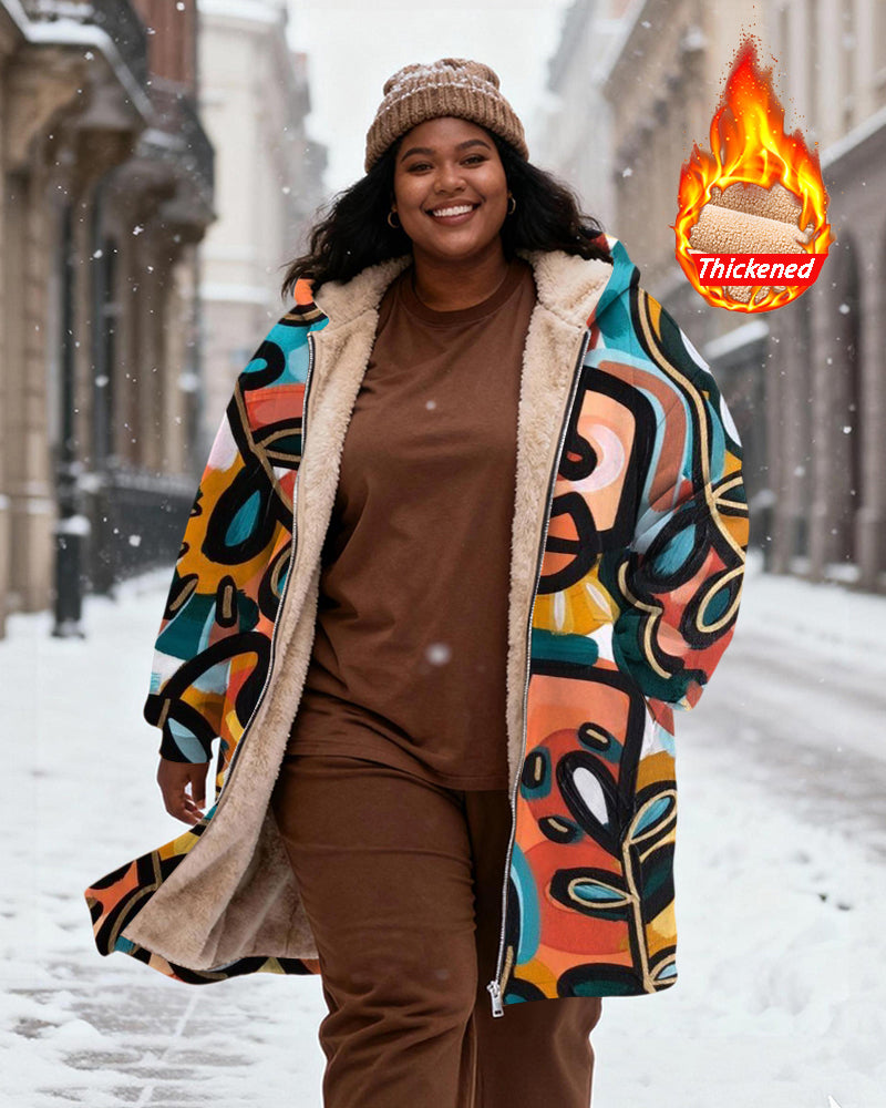 Women's Colorful Abstract Graffiti Print Velvet Thickened Long Hooded Coat