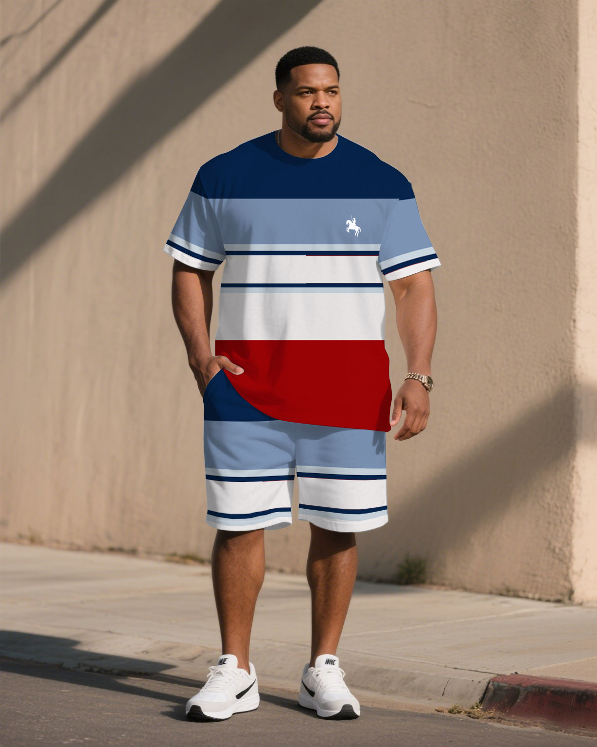 Men's Large Size Multi-color Casual Short-sleeved Shorts Set
