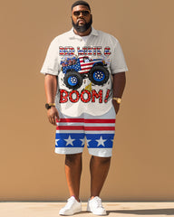 Men's Plus Size Independence Day Flag Car Printed Short Sleeve Shirt Shorts Suit