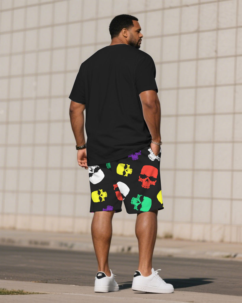 Big & Tall Men' Colorful Skull Chest Printed Short Sleeve T-Shirt Shorts Set