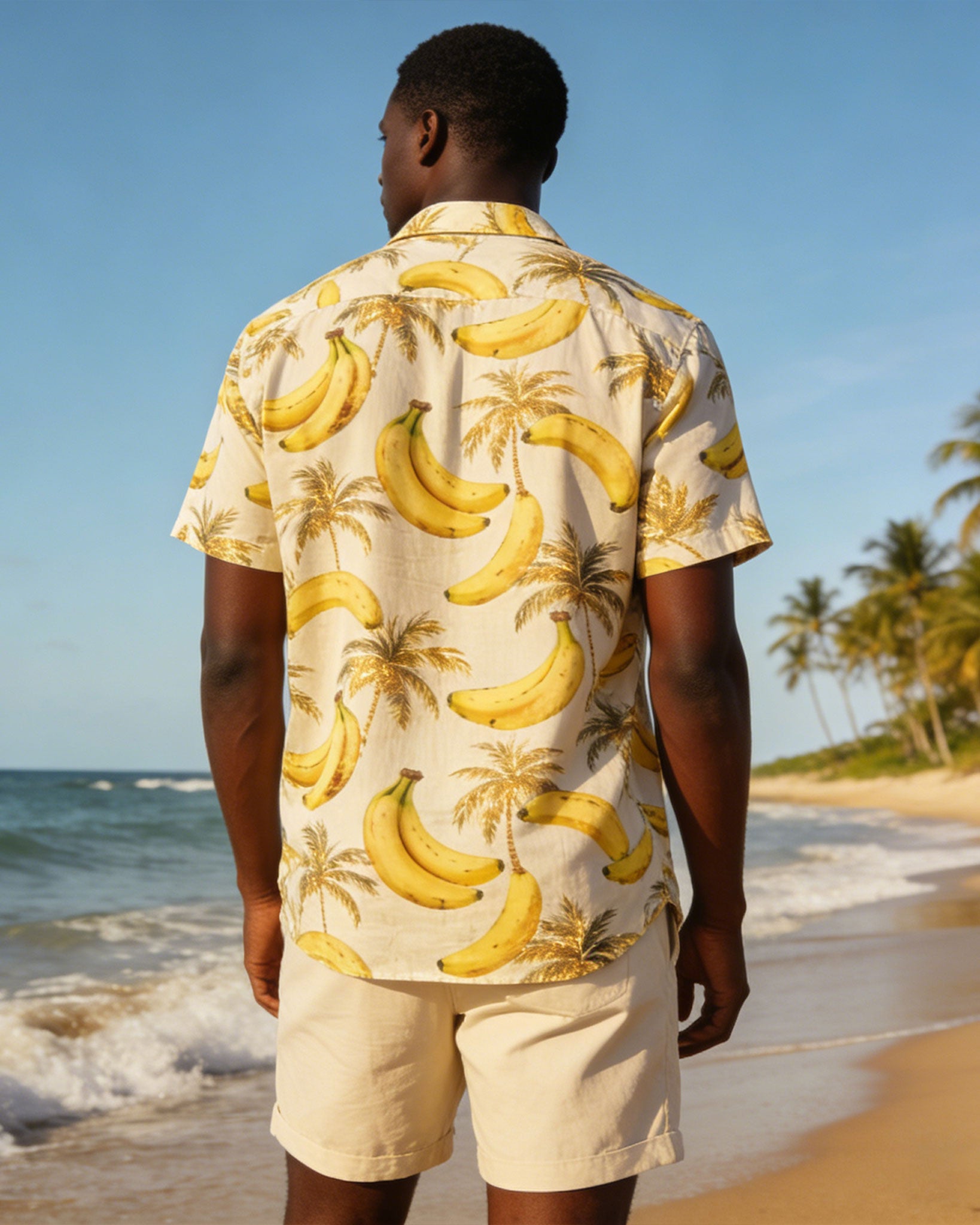 Large Size Men's Hawaiian Holiday Banana Coconut Pattern Printed Short Sleeve Shirt Shorts Set