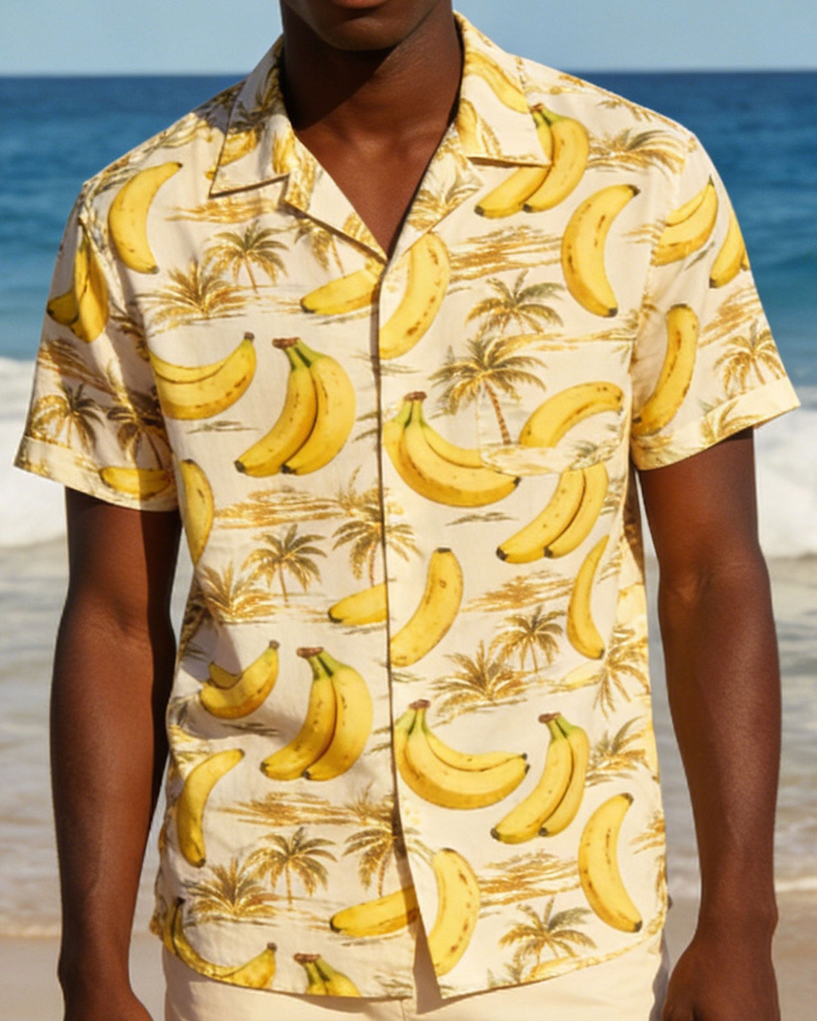 Large Size Men's Hawaiian Holiday Banana Coconut Pattern Printed Short Sleeve Shirt Shorts Set