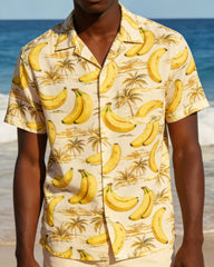 Large Size Men's Hawaiian Holiday Banana Coconut Pattern Printed Short Sleeve Shirt Shorts Set