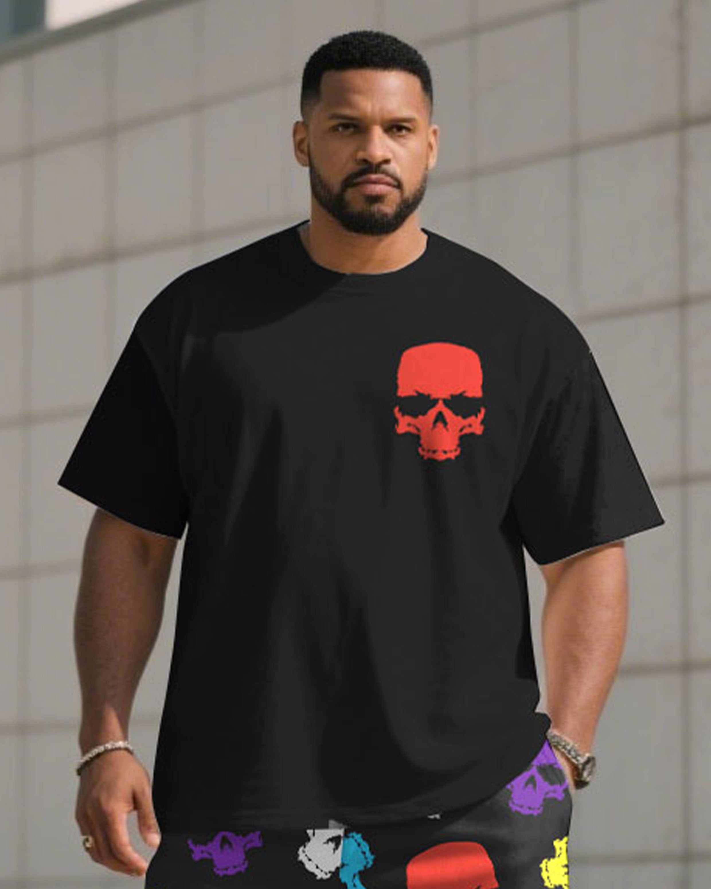 Big & Tall Men' Colorful Skull Chest Printed Short Sleeve T-Shirt Shorts Set