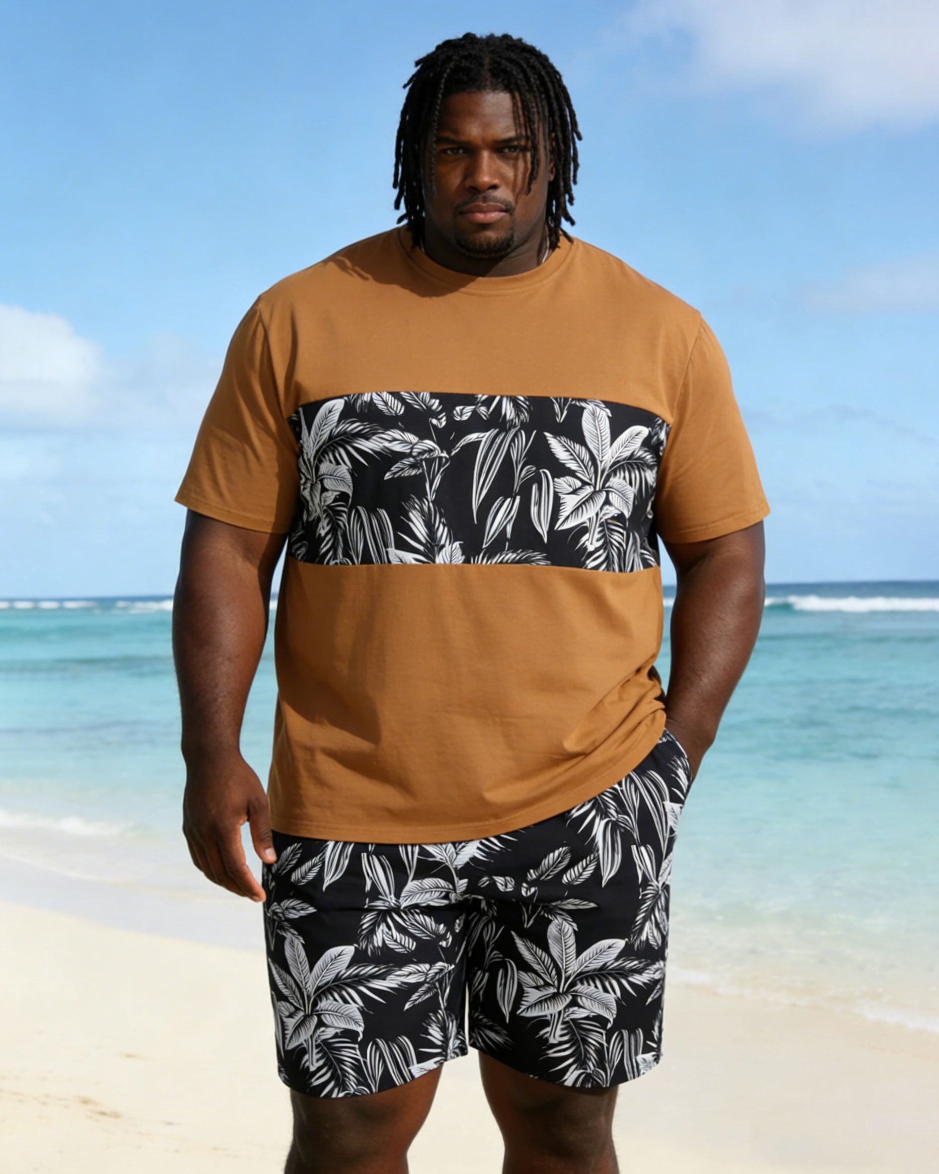 Men's Big & Tall Hawaii New Stitching Printed Short Sleeve T-Shirt Shorts Set