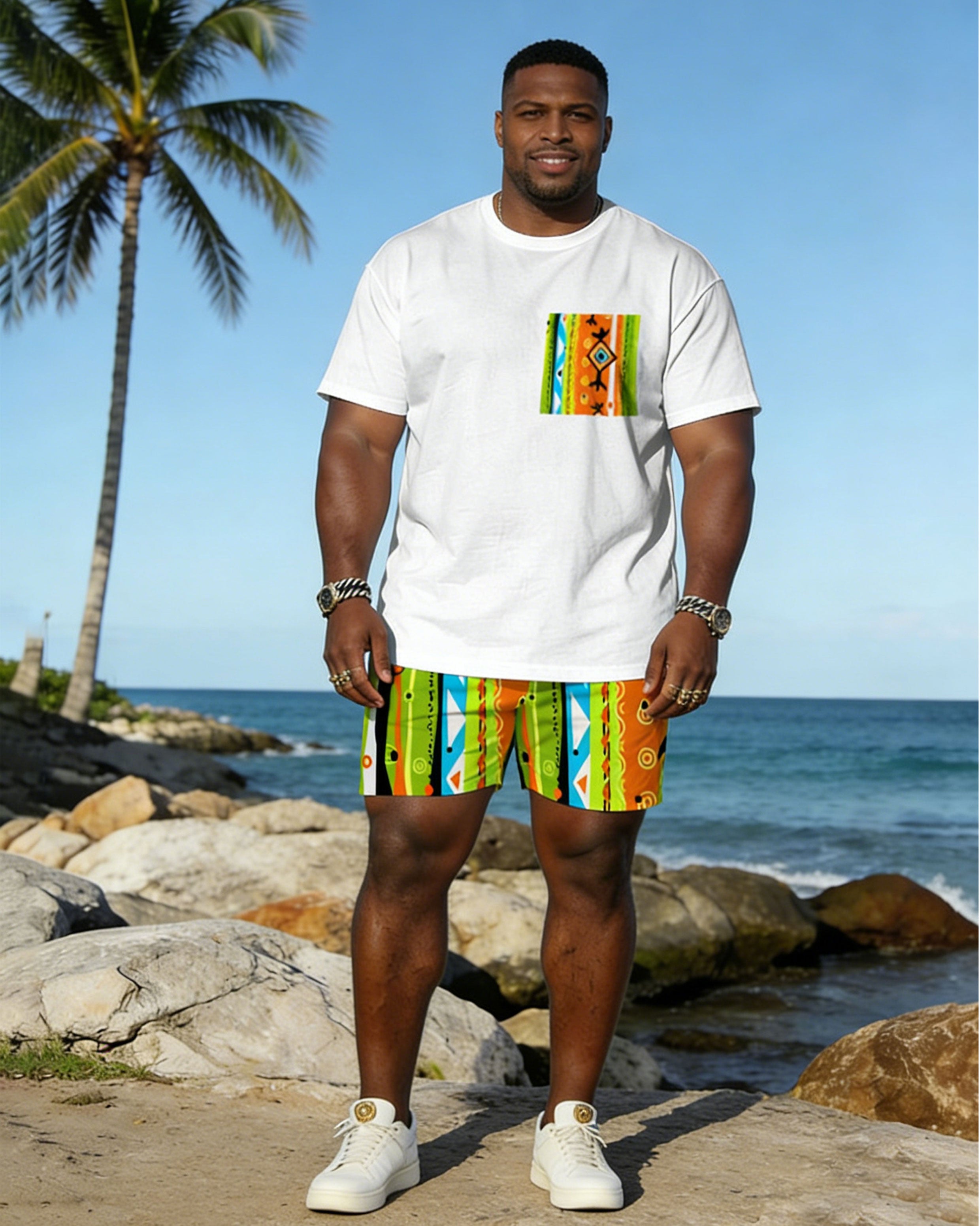 Big & Tall Spring And Summer New Valentine's Day Dating Party Party Holiday Multicolor Geometric Pattern Printed Crewneck Short Sleeve T-Shirt Shorts Set Couple Dress