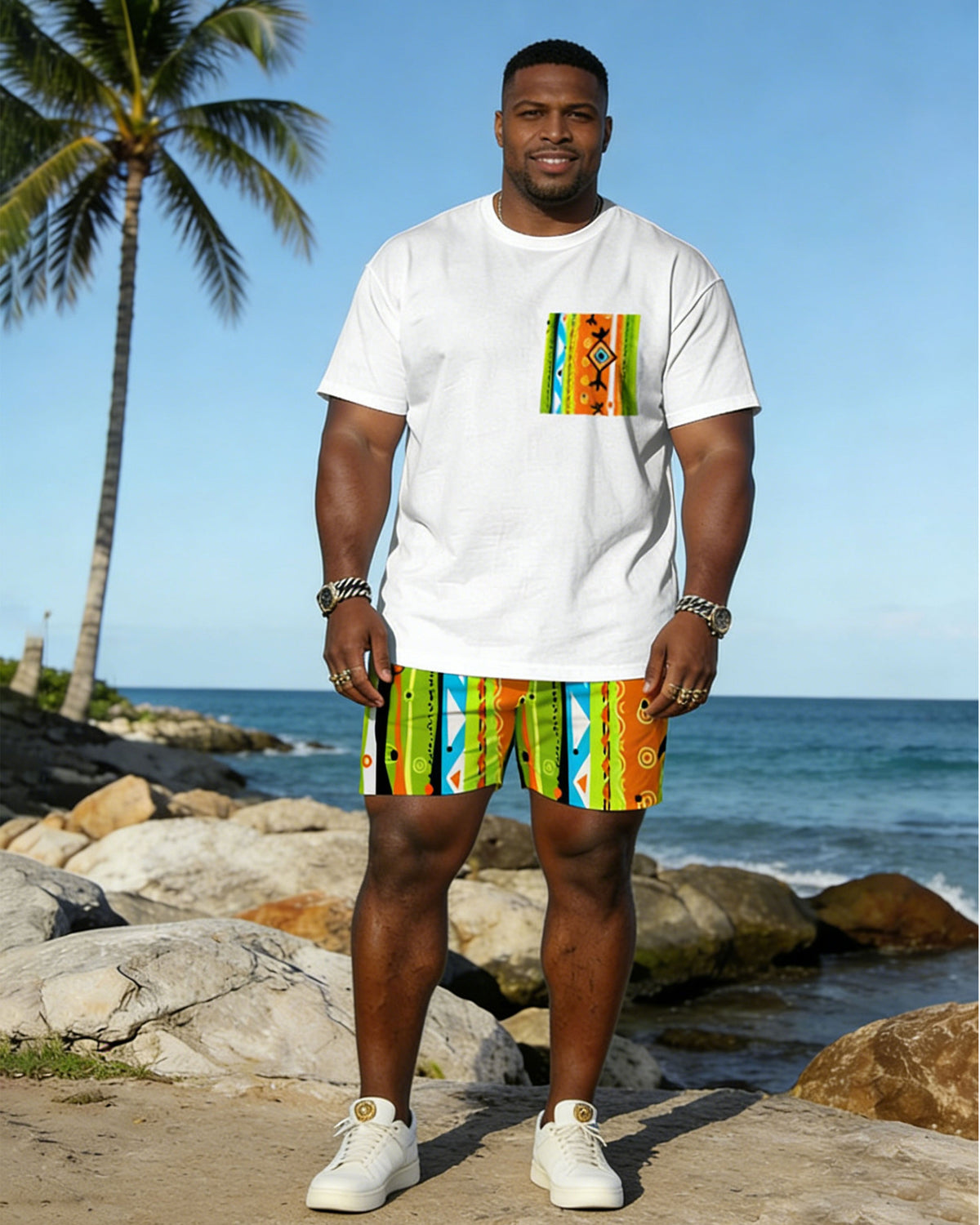 Big & Tall Spring And Summer New Valentine's Day Dating Party Party Holiday Multicolor Geometric Pattern Printed Crewneck Short Sleeve T-Shirt Shorts Set Couple Dress