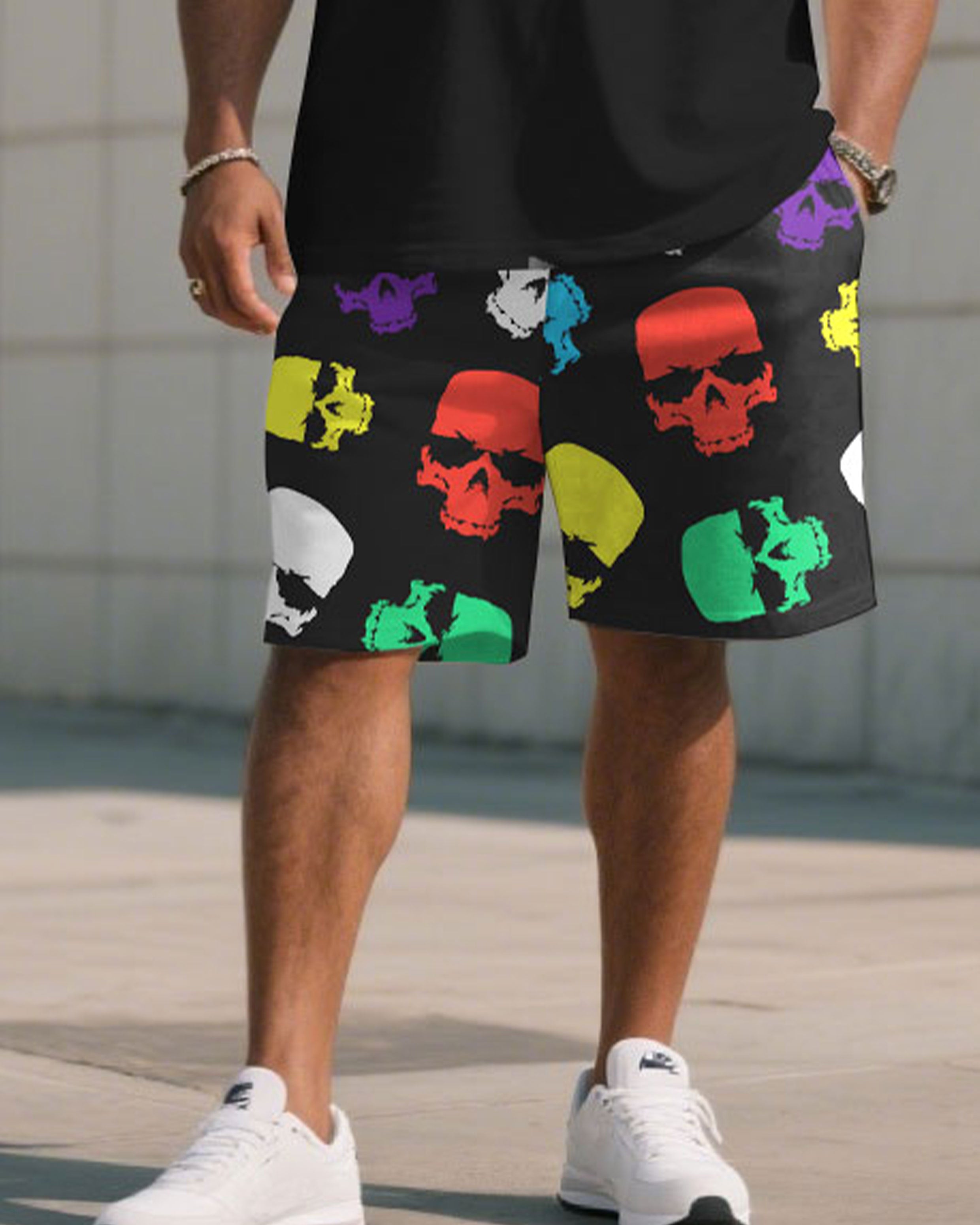 Big & Tall Men' Colorful Skull Chest Printed Short Sleeve T-Shirt Shorts Set