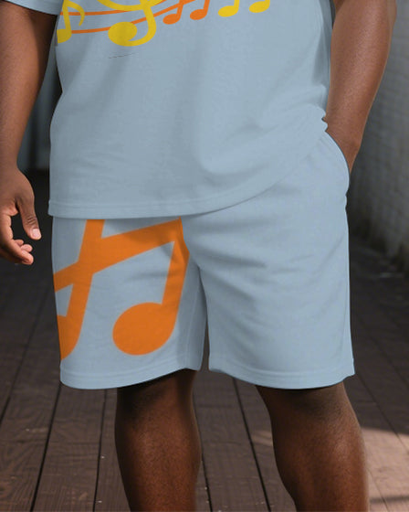 Big and Tall Men's Simple Music Note Printed Casual Short-Sleeve Polo Shirt Shorts Set
