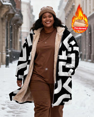 Women's Black And White Geometric Abstract Printed Velvet Thickened Long Hooded Coat