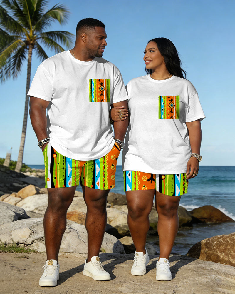 Big & Tall Spring And Summer New Valentine's Day Dating Party Party Holiday Multicolor Geometric Pattern Printed Crewneck Short Sleeve T-Shirt Shorts Set Couple Dress