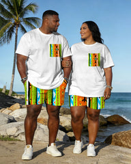 Big & Tall Spring And Summer New Valentine's Day Dating Party Party Holiday Multicolor Geometric Pattern Printed Crewneck Short Sleeve T-Shirt Shorts Set Couple Dress