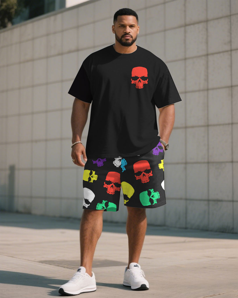 Big & Tall Men' Colorful Skull Chest Printed Short Sleeve T-Shirt Shorts Set