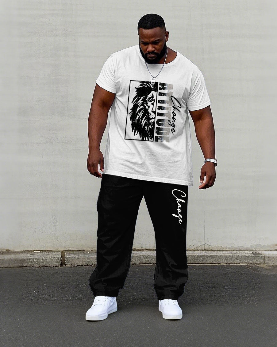 Big & Tall Men's Lion Monochrome Printed Chest Short Sleeve T-Shirt Pants Set