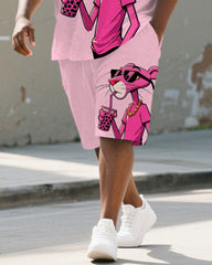 Men's Plus Size Pink Cartoon Animal Drinking Milk Tea Printed Short-sleeved T-shirt Shorts Suit