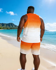 Hawaii Orange & White Gradient Collective Line Chest Coconut Tree Silhouette Print Vacation Party Carnival Vest Shorts Set Large Size Men