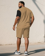 Men's Large Size Khaki Casual Short Sleeve Shorts Set