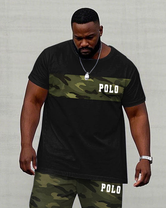 Big & Tall Men's Camouflage Stitching Daily Travel Party Chest Small Label Printed Short Sleeve T-shirt Pants Set