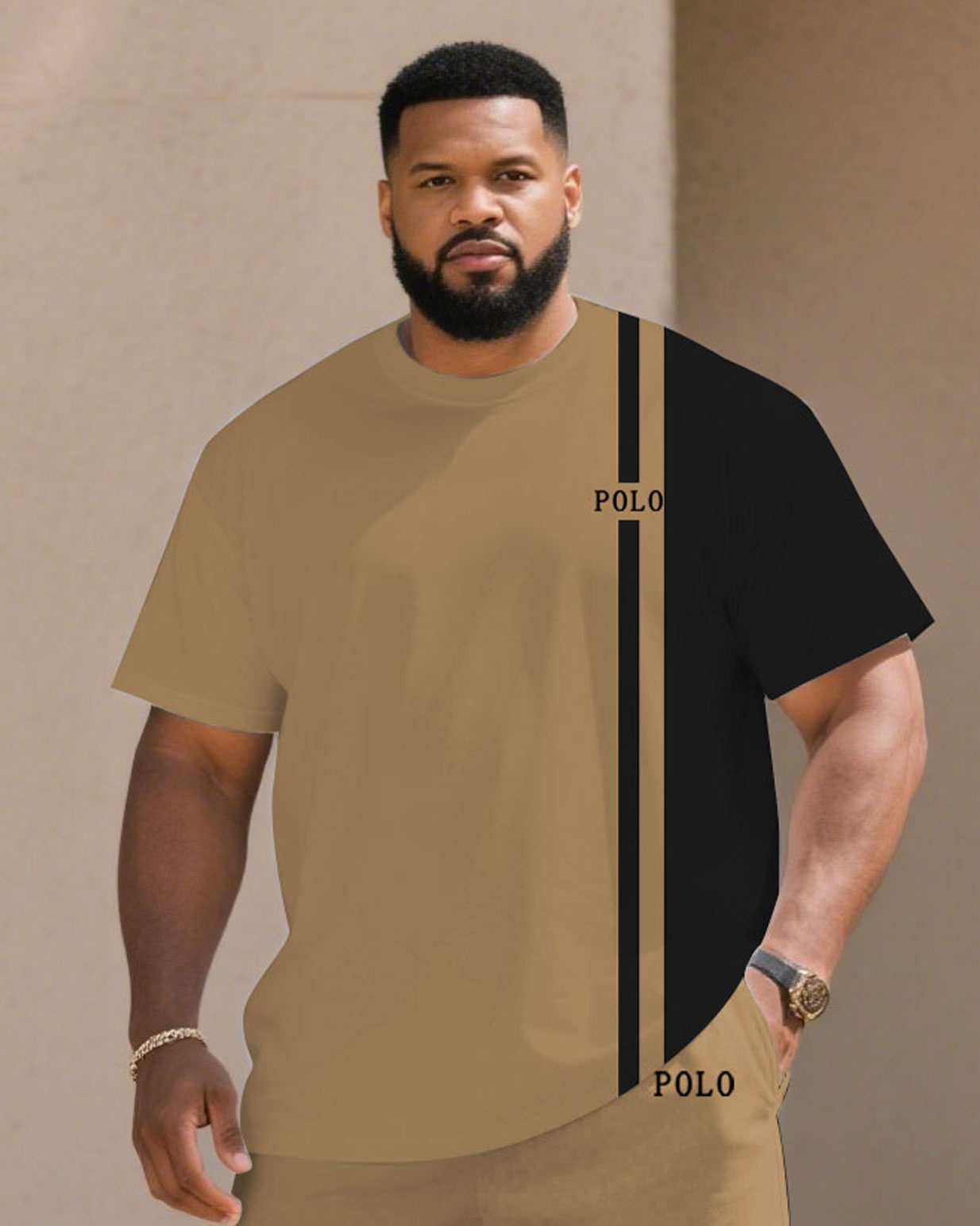 Men's Large Size Khaki Casual Short Sleeve Shorts Set