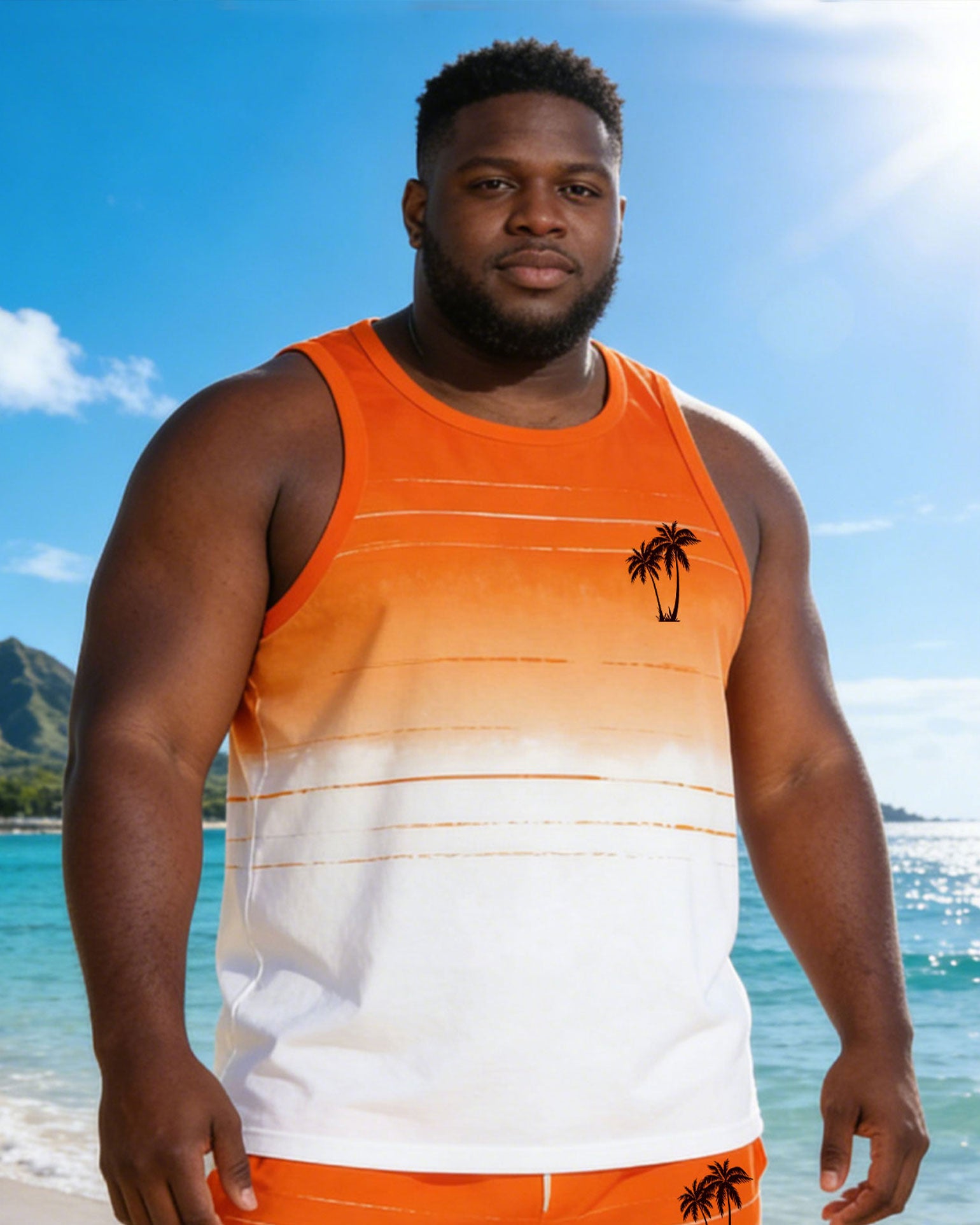Hawaii Orange & White Gradient Collective Line Chest Coconut Tree Silhouette Print Vacation Party Carnival Vest Shorts Set Large Size Men