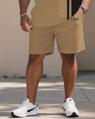 Men's Large Size Khaki Casual Short Sleeve Shorts Set