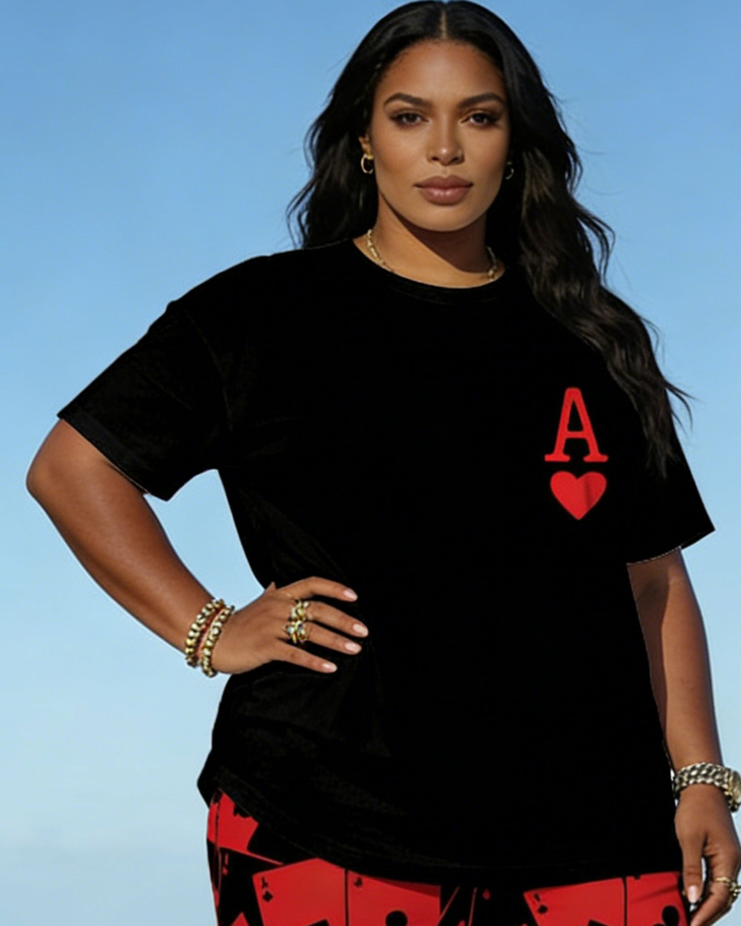 Big & Tall Spring And Summer New Valentine's Day Dating Party Party Vacation Poker Love A Chest Printing Round Neck Short Sleeve T-Shirt Shorts Set Couple Dress
