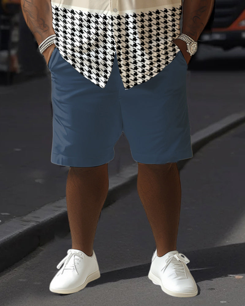 Men's Plus Size Men's Contrast Houndstooth Polo Print hort sleeve shirt shorts suit