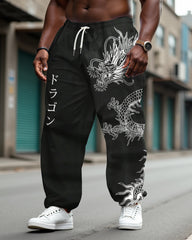 Men's Casual Street Black Dragon Print Loose Elastic Waist Sports Jogging Pants