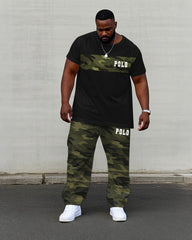 Big & Tall Men's Camouflage Stitching Daily Travel Party Chest Small Label Printed Short Sleeve T-shirt Pants Set