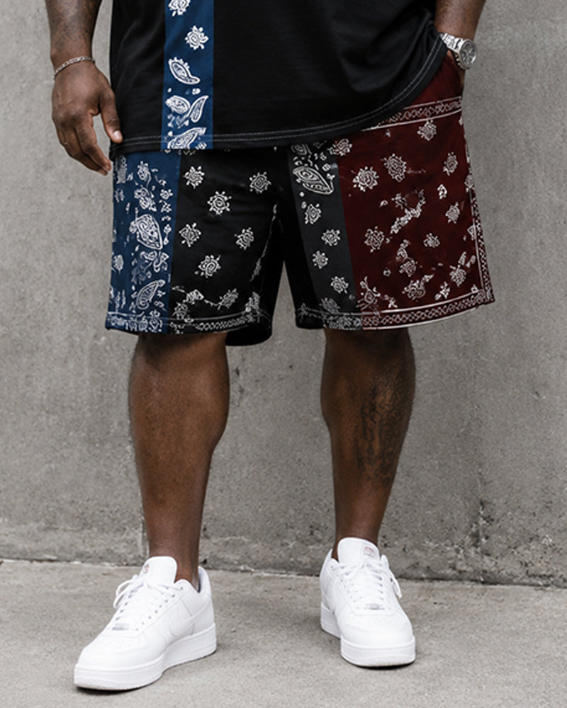 Big & Tall Men's Black Contrast Paisley Stitching Printed Crew Neck Short Sleeve T-shirt Shorts Set