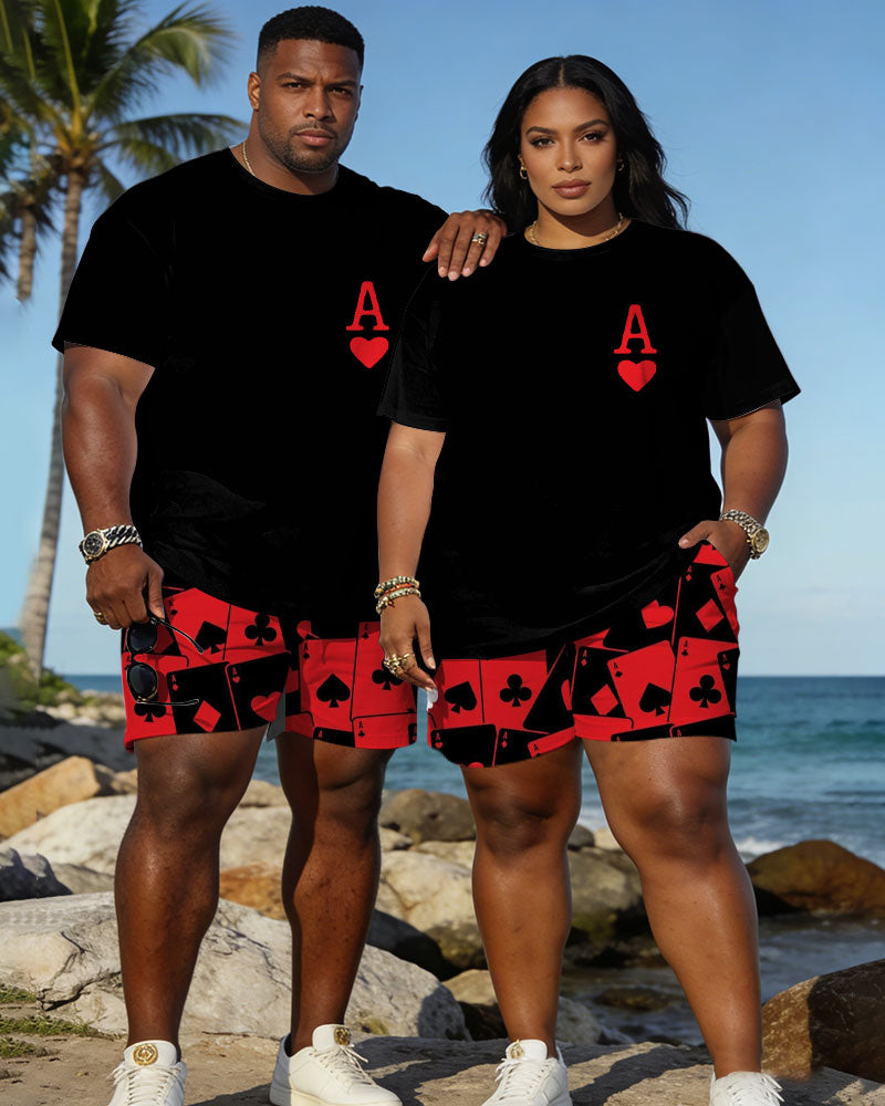 Big & Tall Spring And Summer New Valentine's Day Dating Party Party Vacation Poker Love A Chest Printing Round Neck Short Sleeve T-Shirt Shorts Set Couple Dress