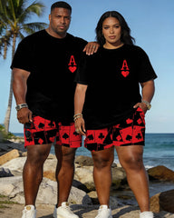 Big & Tall Spring And Summer New Valentine's Day Dating Party Party Vacation Poker Love A Chest Printing Round Neck Short Sleeve T-Shirt Shorts Set Couple Dress