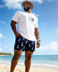 Men's Big & Tall Leisure Vacation Chest Small Printed Short Sleeve T-shirt Shorts Set