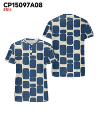 Men's Plus Size Blue Geometric Print Henry Collar Button Short Sleeve T-shirt