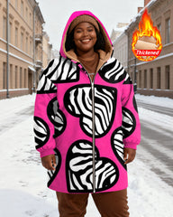 Women's Pink Striped Lip Printed Velvet Thickened Long Hooded Coat