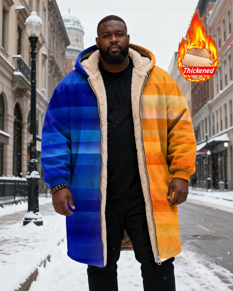 Big & Tall Men's Orange Blue Stripe Gradient Printed Velvet Thickened Long Hooded Coat
