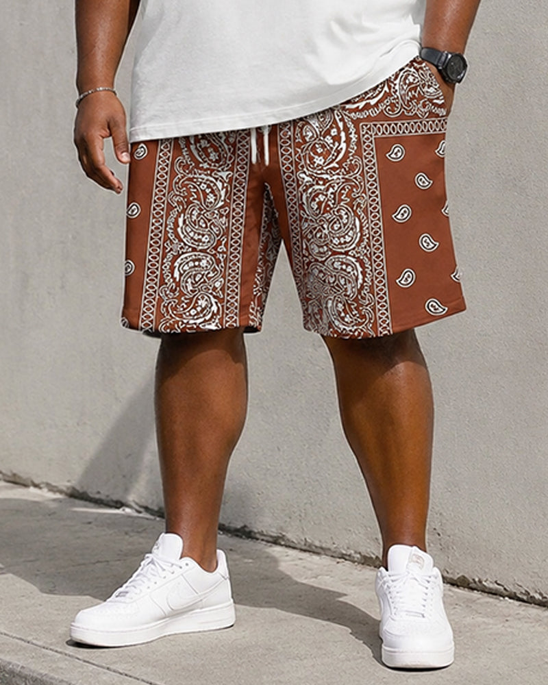 Big & Tall Men's Brown Paisley Patchwork Digital Printed Round Neck Short Sleeve T-Shirt Shorts Set