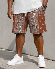 Big & Tall Men's Brown Paisley Patchwork Digital Printed Round Neck Short Sleeve T-Shirt Shorts Set